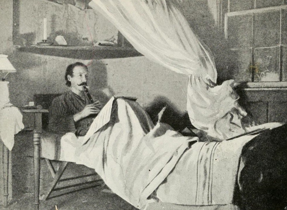 Stevenson in bed playing his flagelot, c1889