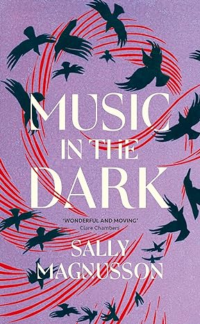 Image shows cover of Music in the Dark, birds in circular flight on mauve background